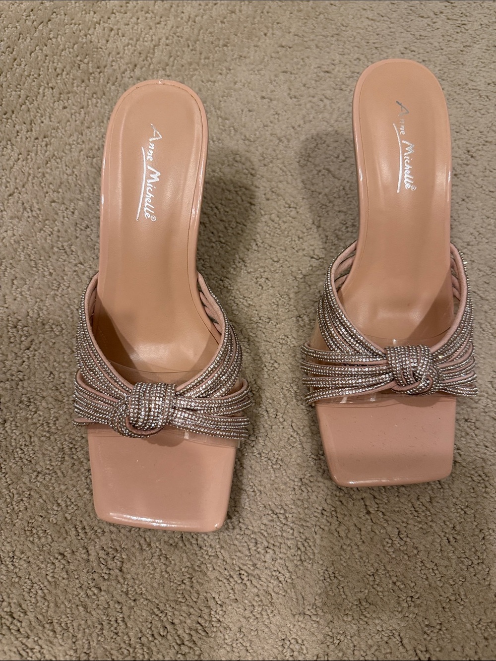 Anne Michelle Blush Pink Rhinestone Knot Mule Heels